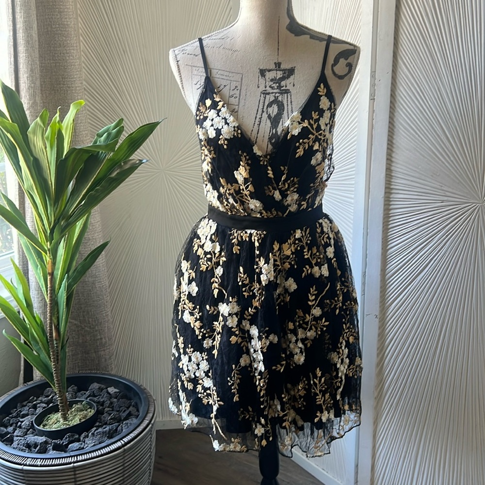 Black Fit and Flare Dress with Gold Embroidery – Runs Large